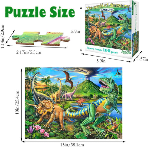 100 Piece Dinosaur Jigsaw Puzzle for Kids Ages 4-8, Educational Learning Toys for Boys & Girls - Unique Pieces