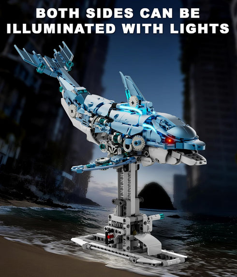 Set Swimming 8+, Moving Mechanical Dolphin Building - Hand Crank Model Kit with Tail, Movable Jaw & Glowing Lights |
