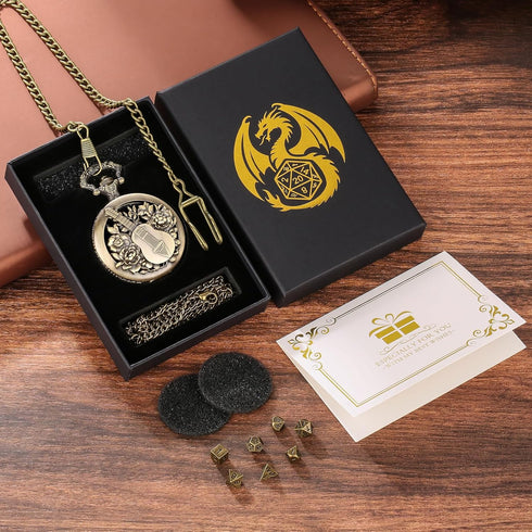 Mini DND Dice Set Steampunk Hollow Bard Pocket Watch Shell Case, 7pcs Tiny Polyhedral Metal Dice