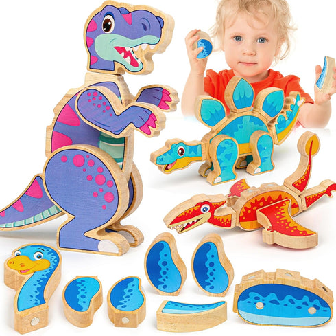 Dinosaur Toys for Kids 3-5,Wooden Magnetic Dino Take Apart Building Blocks Toys
