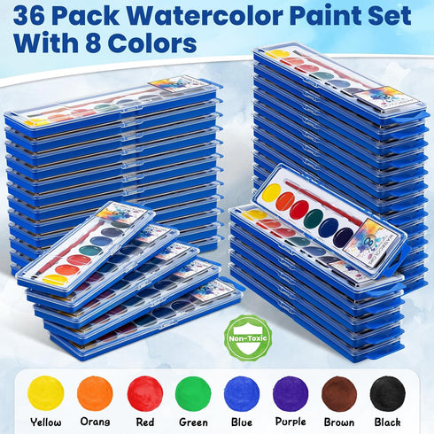 36 Pack Set, 8 Watercolor Paint Washable Watercolor Paint Bulk for Kids, Water Color Paint with Paint Brushes, Ideal