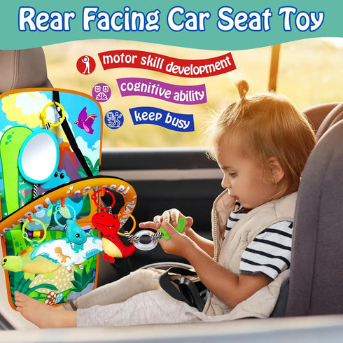Innofans Baby Car Seat Dinosaurs Toys - Kick and Play Double Sided Infant Car Seat Toys with Plush Toys, Mirror