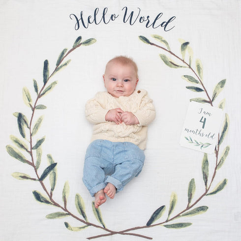 lulujo Baby’s First Year Milestone Blanket and Card Set | 40in x 40in (Hello World)