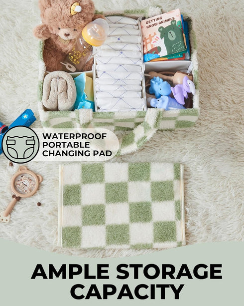 Checkered Diaper Caddy Organizer with Portable Changing Mat - Teddy Fleece Diaper Organizer for Changing Table - Caddy