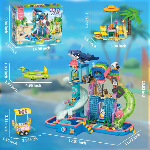 1150Pcs Set, Summer Swimming 6-12+ WinGift Friends Water Park Building STEM Fun Party Toy with Pool Slides,Water