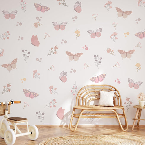 Butterfly Flower Wall Decals,Butterfly Floral Art Wall Sticker Decors,Peel and Stick Butterflies Decals for Kids