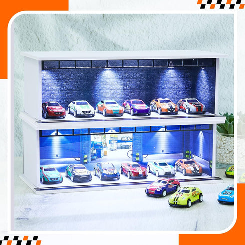 Tujoe 2 1/64 58 Pcs Display Case for Toy Car Garage with LED Light Stackable Scale Diecast Toy Cars Garage for Maximum