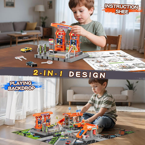 Playsets, 3-in-1 Playset, Playset, 1:64 1-3, Toy Cars Activity Drivers Gasstation, Car Wash, Car Restaurant Scale Toy