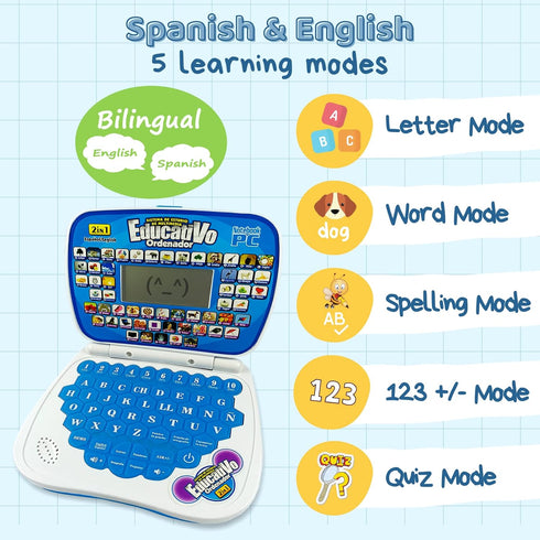 ZEENKIND Spanish & English Small Talking Laptop Toy for Kids 2-4 Years Old, Learn Spanish Alphabet Numbers Words