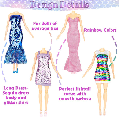 Glitter Sequin Mermaid Doll Clothes & Accessories - 12 Sparkly Glitter Party Dress, Crowns, Necklaces & Shoes
