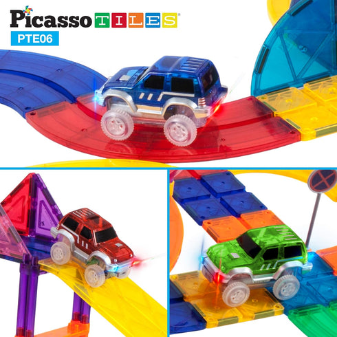 PicassoTiles 3 pcs Magnetic Toy Car Set, Light Up LED Compatible with Magnet Race Track for STEM Building Kits