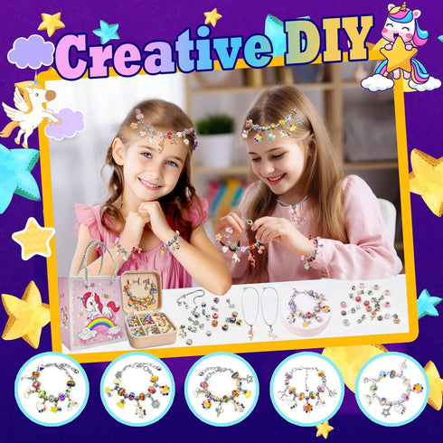 Charm Bracelet Making Kit for Girls 8-12, DIY Bead Jewelry Kit with Box, Unicorn Mermaid Arts and Crafts