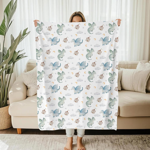 Cstdyfrv 60x80in Cute Baby Dragons Castle Baby Blankets for Boys Girls Watercolor Fairytale Dragon Moon Stars Soft