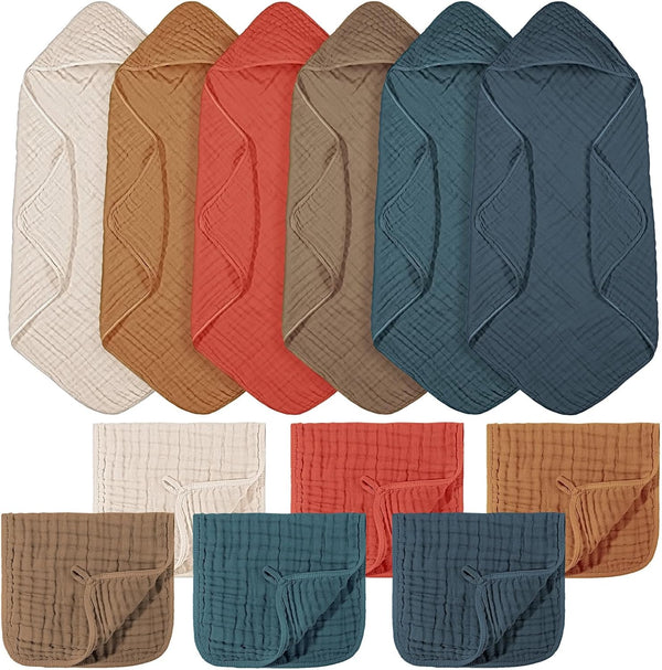 VitalCozy 12 Pcs Baby Muslin Hooded Bath Towels and Washcloths Muslin Cotton