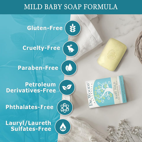 Dr. Woods 5.25 Oz (Pack 3) Unscented Baby Mild Bar Soap with Organic Shea Butter - Made with Natural Oils, Fragrance