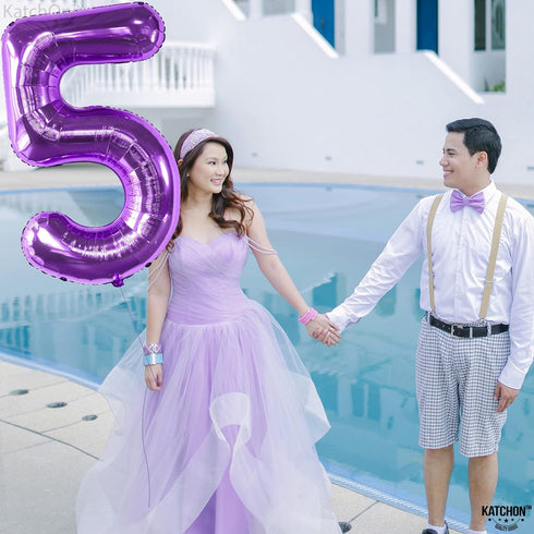KatchOn Giant Purple 5 Balloon Number - 40 Inch Mylar Purple Number 5 Balloon for Birthday Decorations