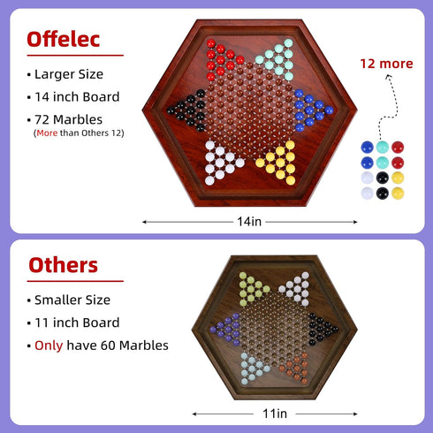 14 inches Set, 60+12 6 6 Offelec Wooden Chinese Checkers Colorful Acrylic Marbles in Colors, Classic Strategy Games