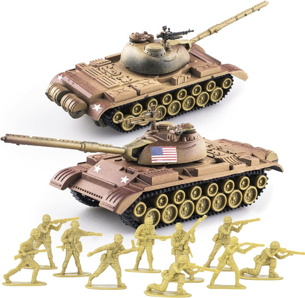 1:72 WW2 Army Tank and Army Men Toys Playset, 2pc US Desert Tan Tank with 10pc Toy Soldiers, Great Military Toy