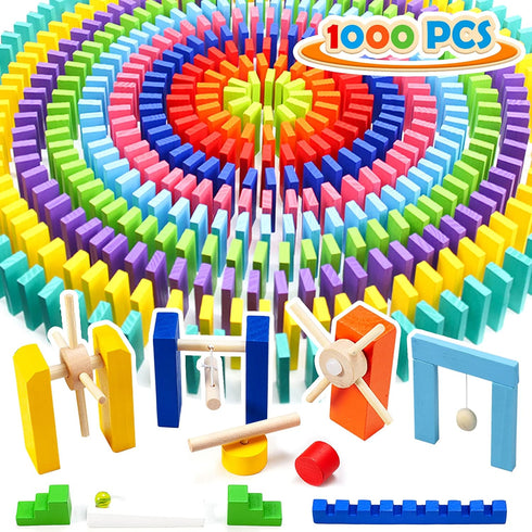 WOOD CITY 1000 Piece Dominoes Set for Kids, Colorful Tiles for Building, Stacking, Racing, with Extra 20 Blocks and