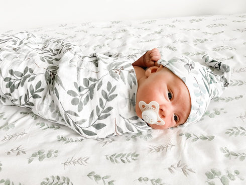 Miaoberry Organic Muslin Swaddle Blankets - Matching Hat and Wooden Hello World Newborn Sign, Eucalyptus Photography