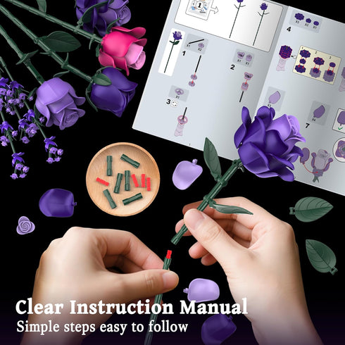 Ciesa Sets, 834PCS Purple Roses Flower Bouquet Building Artificial Flowers Botanical Collection Compatible with Lego