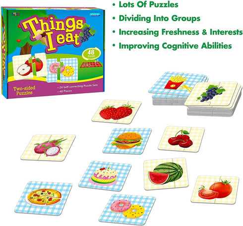 48 Food Matching Puzzles - Pre-Primer in 2 Pieces, Perfect for Preschool Learning (24 Blocks Double Sided)