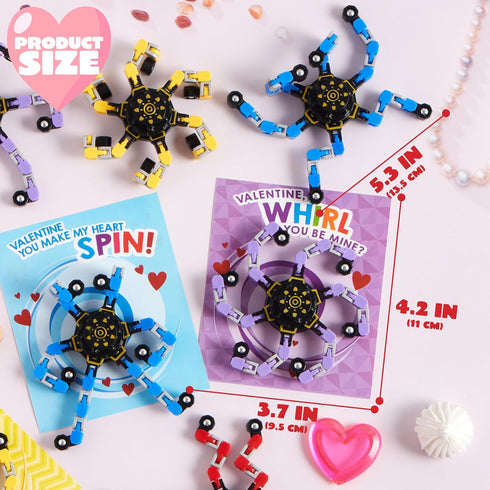 28 Packs 4-Design JOYIN Valentines Day Gift Cards with Fidget Spinners, DIY Chain Robot Fingertip Toys, Deformable