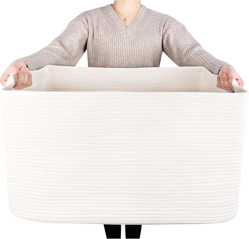 MINTWOOD Design 22in Extra Large Blanket Basket Holder, Rectangle Rope Woven Storage Baskets with Handles, Creamy White