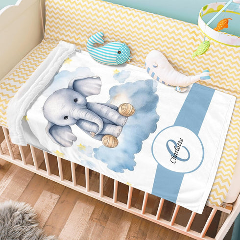 Novusopt Monogrammed Personalized Elephant Baby Blanket with Custom Name, Lightweight Flannel Receiving Blanket