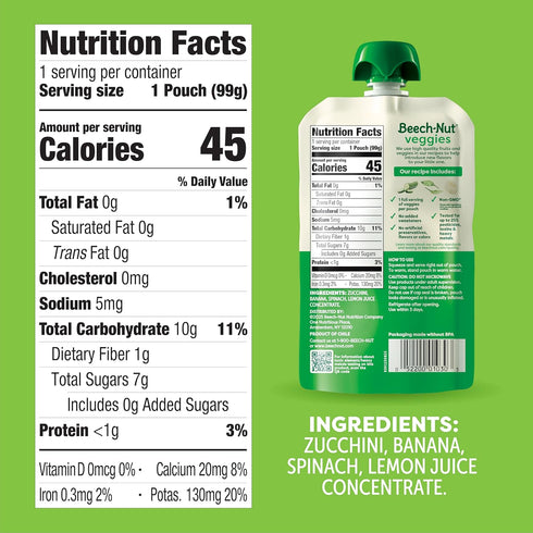 3.5 oz (12 Pack) Beech-Nut Baby Food Pouches, Zucchini Spinach & Banana Veggie Puree Baby & Toddler Food