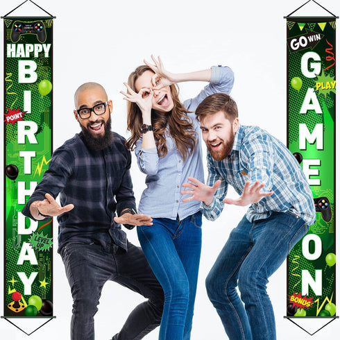 Blulu Game On Birthday Banner, Video Game Party Decorations, Happy Backdrop for Gamer Party Background