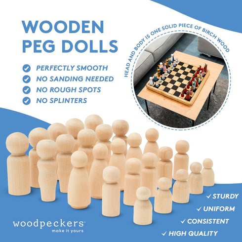 Wood Peg Doll Set, 40 Piece Wood Peg Family (Toy Peg People: Dad, Mom, Angel, Child, Baby) Unfinished for Crafts & Play, by Woodpeckers by Woodpeckers