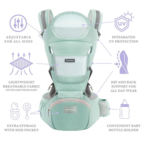 Eazy Buddy 4-in-1 3-44lbs Travel Buddy Baby Carrier | with Hip Seat and Sling | Adjustable Size for Dad & Mom | Back