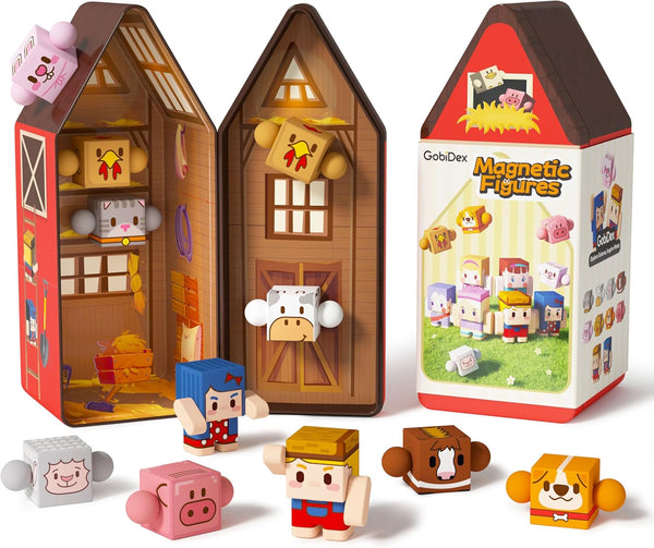 GobiDex Magnetic Farm Figures Set with Animals & People, Portable Tin Box