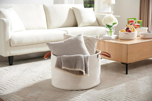 Luxury Extra Large Nursery Storage Basket, 22 x 22 x 14 inches, 100% Cotton Rope with Handles - Off White
