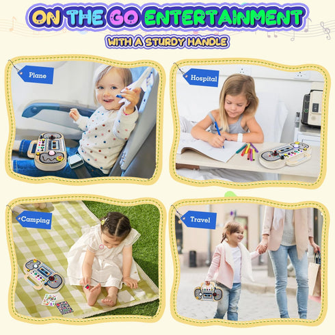 Ansee 2 Busy Board Montessori Toys for Toddlers, Wooden Sensory Toys with LED Light, Switches, Music, Labyrinth, Adjust