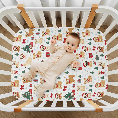 Sheet,52x28IN Pfrewn Christmas Crib Sheets for Boys Girls Christmas Dogs Trees Snow Fitted Crib Sheet Fits Standard