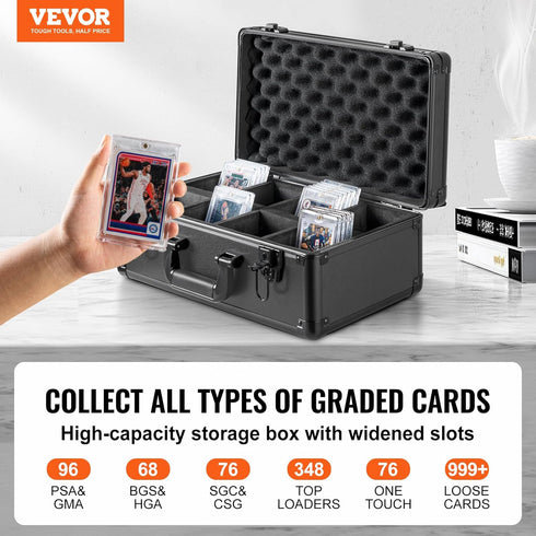 VEVOR 96 PSA Graded Card Storage Box with Key Lock, Foam Dividers for Sports Cards