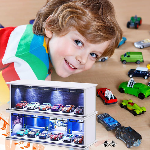 Tujoe 2 1/64 58 Pcs Display Case for Toy Car Garage with LED Light Stackable Scale Diecast Toy Cars Garage for Maximum