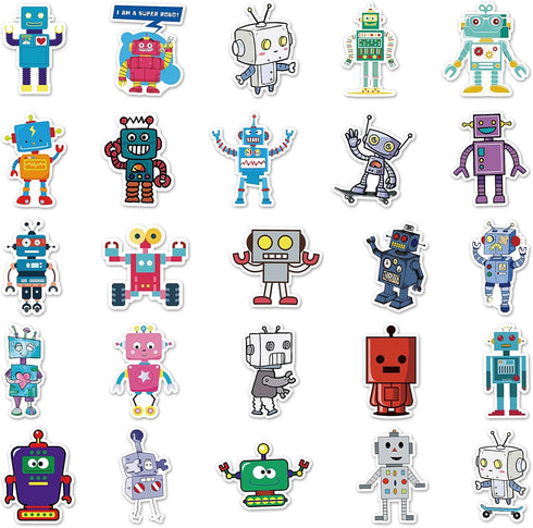 Jictegb 50 Pcs Cartoon Robot Stickers - Fun Robot Characters Designs, Premium PVC, Removable & Reusable, for Kids