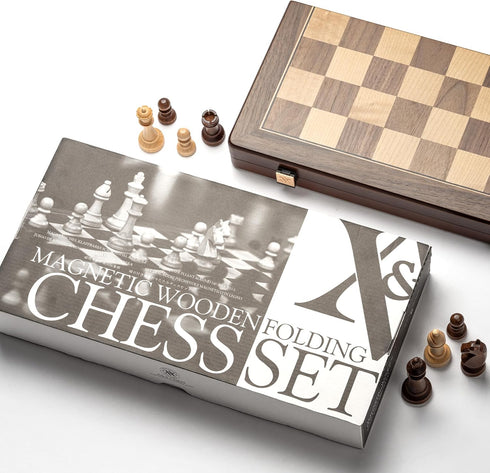 15" Set, 3" 2 Set A&A Magnetic Wooden Chess Handmade King Height Staunton Chess Pieces with Extra Queens, Folding