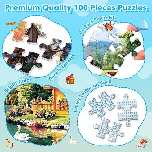 100 4 5-8 4-6 6-8 8-10 4-Pack Piece Puzzles - Themed Landscapes Large Piece Puzzles for Senior Adults Kids Puzzle Ages