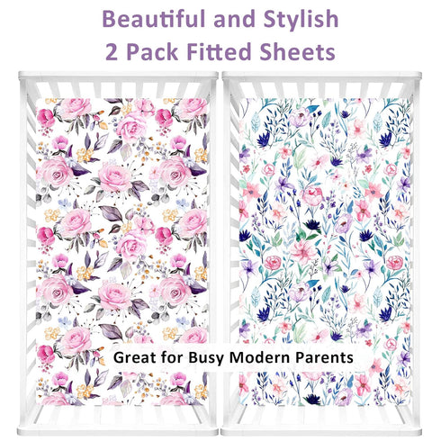 2 Pack, 28x 52, Floral Crib Sheets for Baby Girls Fits Standard Nursery Crib Mattress & Toddler Bed Mattress Soft