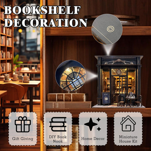 Generic 3D Coffee Shop Book Nook Kit, DIY Miniature House Kit with Led Light for Adult and Teens, Wooden Puzzles Book