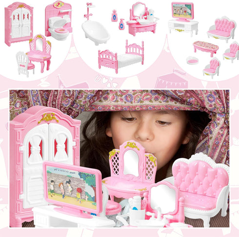 20 Pieces Doll House Furniture and Accessories Set, Mini Dollhouse Furniture 1:12 Scale Bedroom Living Room Bathroom