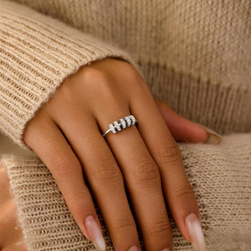 S925 14K LOVECOM Sterling Silver Anti Anxiety Fidget Spinner Ring Cubic Zirconia Beads Spinning Rings for Women Dainty