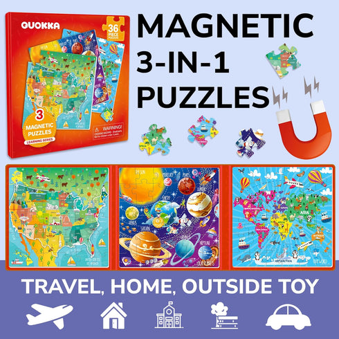 QUOKKA Magnetic Puzzles for Kids 4-6, 36 Pcs Travel Games for Ages 3-5, Learning Magnet Gift for Road Trip