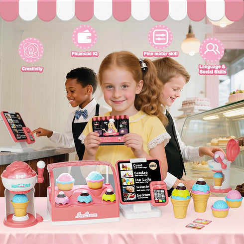 Set, Counter Playset, 3+ Ice Cream Toys Pretend Play Shop Store, Ice Cream with Light, Ice Cream Maker Cashier Toy