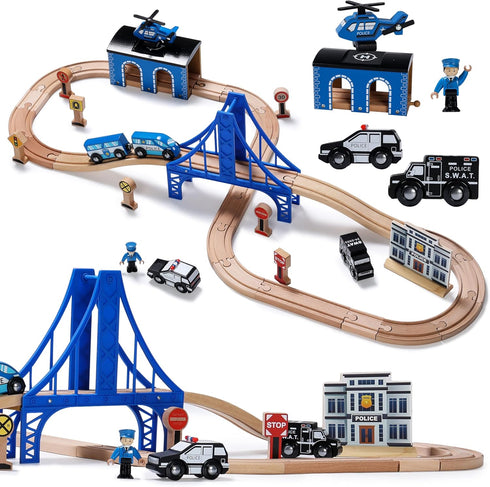 SainSmart Jr. Wooden Train Set - Interactive Police Playset for Kids |