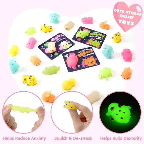 36 Packs 9 JOYIN Valentines Day Gift Cards with Glow in Dark Mochi Squishy Toys, Designs Stress Relief Fidget Toys